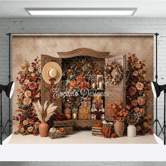 Aperturee - Aperturee Rustic Wooden Cabinet Autumn Photography Backdrop with Pumpkins Fall Foliage and Wreaths Cozy Harvest Theme