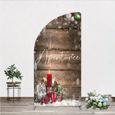 Aperturee - Aperturee Rustic Wooden Christmas Half Moon Arch Backdrop with Ornaments Snowflakes Candle and Gift for Winter Holiday Party