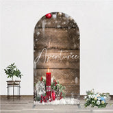 Aperturee - Aperturee Rustic Wooden Christmas Ornaments Red Candle Pine Snow Round Top Arch Backdrop Winter Holiday Party Decor