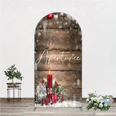Aperturee - Aperturee Rustic Wooden Christmas Ornaments Red Candle Pine Snow Round Top Arch Backdrop Winter Holiday Party Decor