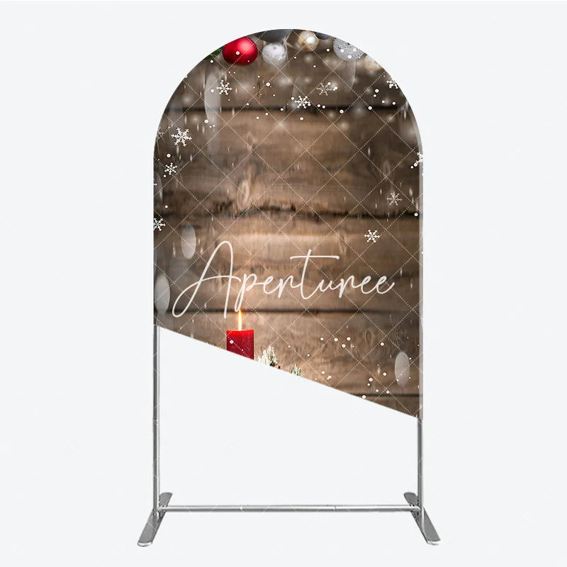Aperturee - Aperturee Rustic Wooden Christmas Ornaments Red Candle Pine Snow Round Top Arch Backdrop Winter Holiday Party Decor