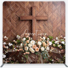 Aperturee - Aperturee Rustic Wooden Cross and Floral Square Double-Sided Backdrop Elegant White Peach Roses Wood Panel Background