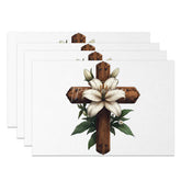 Aperturee - Aperturee Rustic Wooden Cross Set of 4 Placemats White Lily Flower Religious Table Mats Easter Church Event Dining Decoration