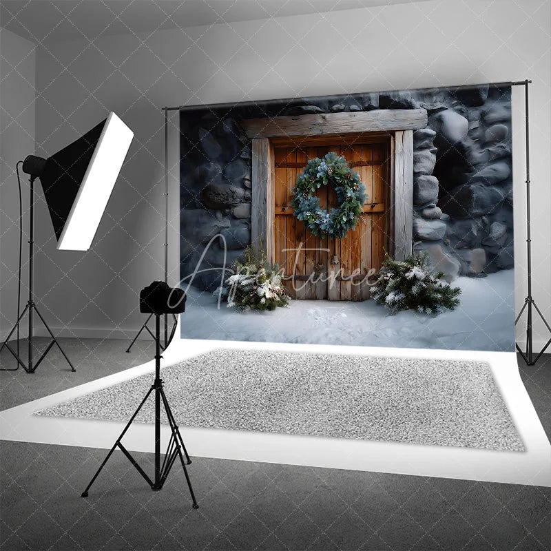 Aperturee - Aperturee Rustic Wooden Door Christmas Backdrop Stone Wall Wreath Photography Background Farmhouse Winter Snow Holiday Party