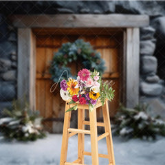 Aperturee - Aperturee Rustic Wooden Door Christmas Backdrop Stone Wall Wreath Photography Background Farmhouse Winter Snow Holiday Party