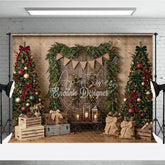 Aperturee - Aperturee Rustic Wooden Door Christmas Trees Holiday Backdrop Festive Red Green Decor and Burlap Presents