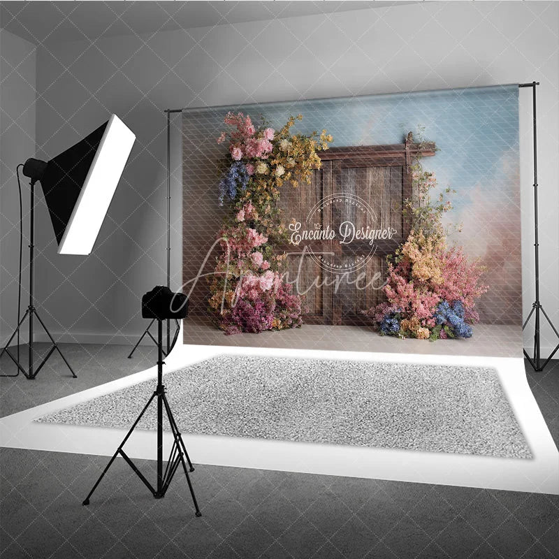 Aperturee - Aperturee Rustic Wooden Door Photography Backdrop Spring Flowers on Textured Wall Fine Art Painterly Photo Background