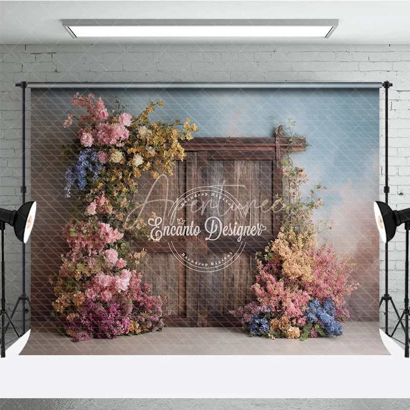 Aperturee - Aperturee Rustic Wooden Door Photography Backdrop Spring Flowers on Textured Wall Fine Art Painterly Photo Background