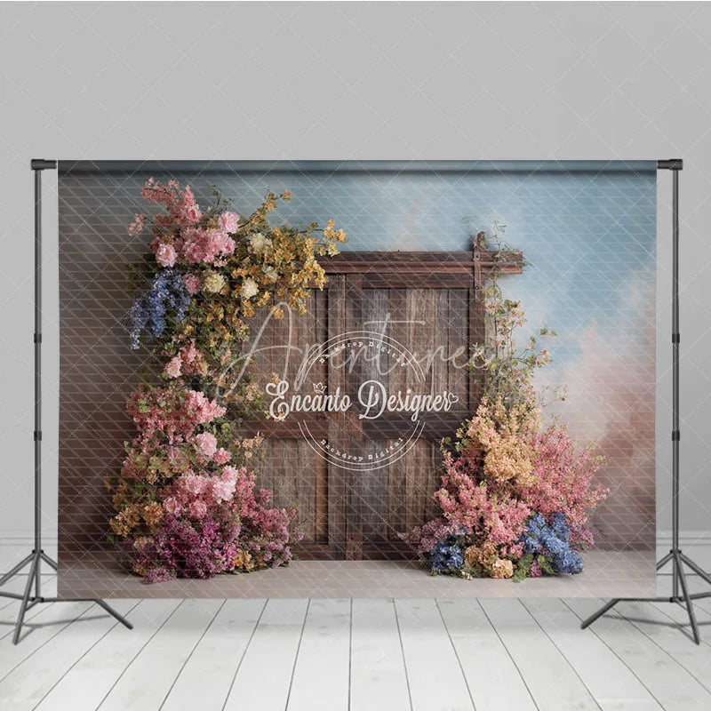 Aperturee - Aperturee Rustic Wooden Door Photography Backdrop Spring Flowers on Textured Wall Fine Art Painterly Photo Background