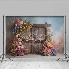 Aperturee - Aperturee Rustic Wooden Door Photography Backdrop Spring Flowers on Textured Wall Fine Art Painterly Photo Background