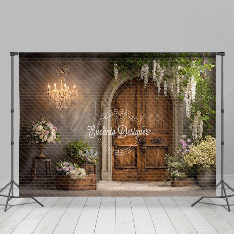 Aperturee - Aperturee Rustic Wooden Door Photography Backdrop with Chandelier French Country Floral Elegant Wedding Photo Background