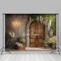 Aperturee - Aperturee Rustic Wooden Door Photography Backdrop with Chandelier French Country Floral Elegant Wedding Photo Background