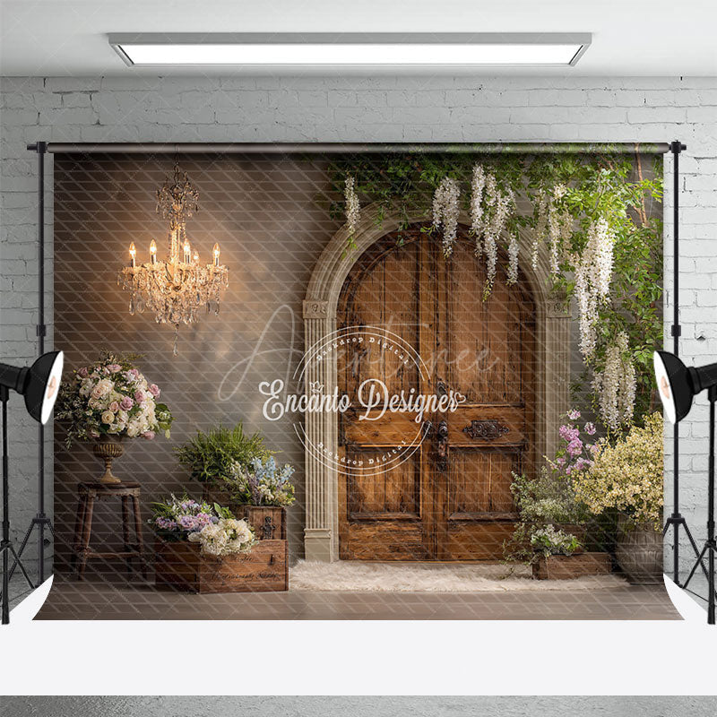 Aperturee - Aperturee Rustic Wooden Door Photography Backdrop with Chandelier French Country Floral Elegant Wedding Photo Background