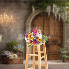 Aperturee - Aperturee Rustic Wooden Door Photography Backdrop with Chandelier French Country Floral Elegant Wedding Photo Background