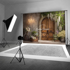 Aperturee - Aperturee Rustic Wooden Door Photography Backdrop with Chandelier French Country Floral Elegant Wedding Photo Background