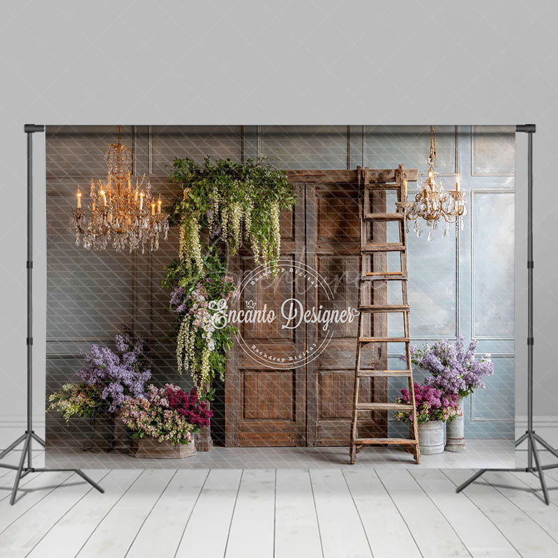 Aperturee - Aperturee Rustic Wooden Door Photography Backdrop with Chandeliers French Country Lilacs Elegant Wedding Photo Background