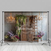 Aperturee - Aperturee Rustic Wooden Door Photography Backdrop with Chandeliers French Country Lilacs Elegant Wedding Photo Background