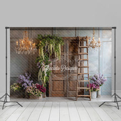 Aperturee - Aperturee Rustic Wooden Door Photography Backdrop with Chandeliers French Country Lilacs Elegant Wedding Photo Background