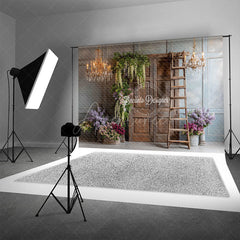 Aperturee - Aperturee Rustic Wooden Door Photography Backdrop with Chandeliers French Country Lilacs Elegant Wedding Photo Background