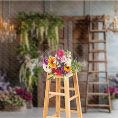 Aperturee - Aperturee Rustic Wooden Door Photography Backdrop with Chandeliers French Country Lilacs Elegant Wedding Photo Background