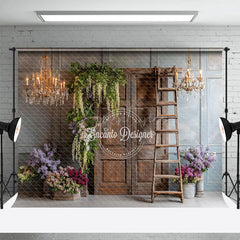 Aperturee - Aperturee Rustic Wooden Door Photography Backdrop with Chandeliers French Country Lilacs Elegant Wedding Photo Background