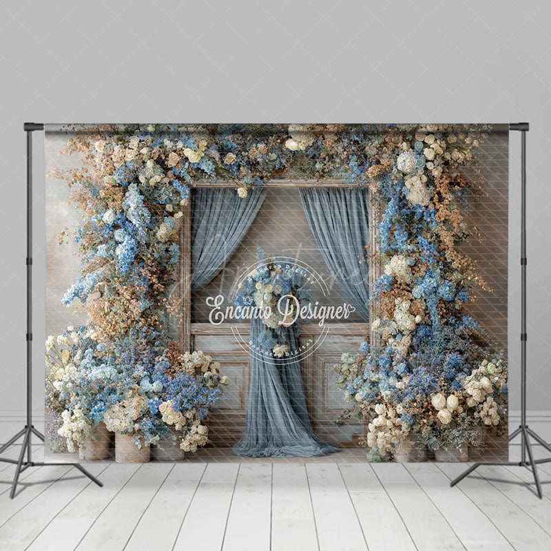 Aperturee - Aperturee Rustic Wooden Door Photography Backdrop with Dusty Blue Floral Farmhouse Wedding Moody Photo Background