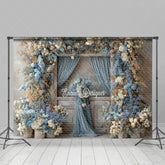 Aperturee - Aperturee Rustic Wooden Door Photography Backdrop with Dusty Blue Floral Farmhouse Wedding Moody Photo Background