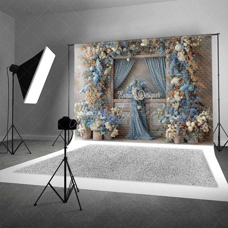 Aperturee - Aperturee Rustic Wooden Door Photography Backdrop with Dusty Blue Floral Farmhouse Wedding Moody Photo Background