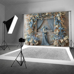Aperturee - Aperturee Rustic Wooden Door Photography Backdrop with Dusty Blue Floral Farmhouse Wedding Moody Photo Background