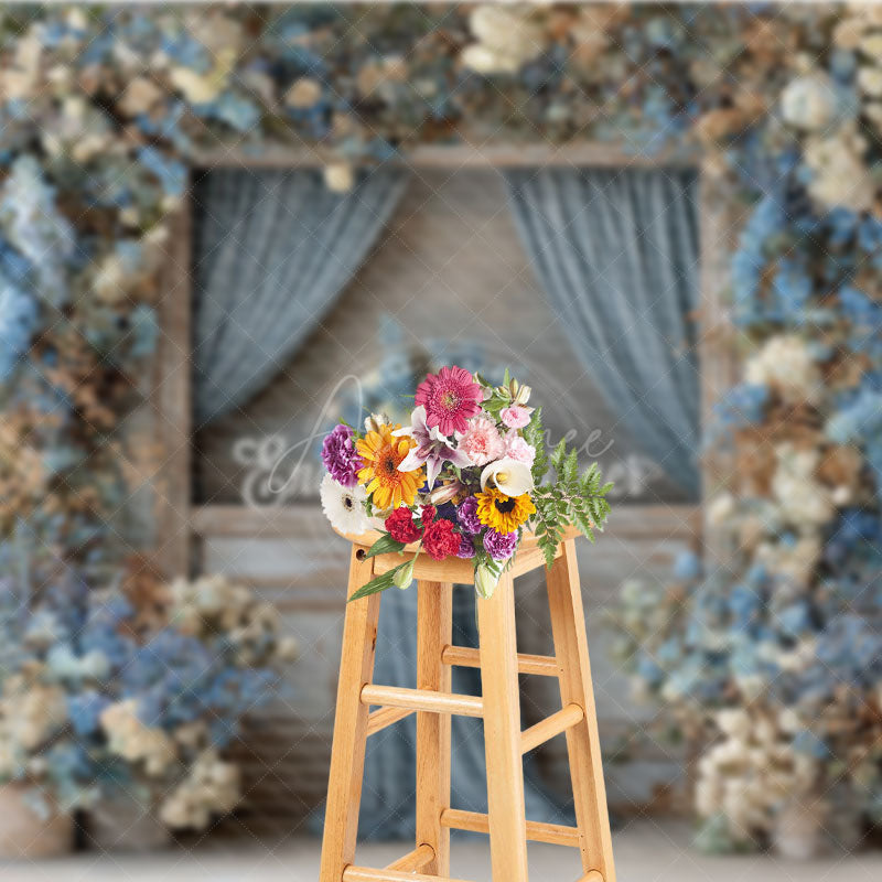 Aperturee - Aperturee Rustic Wooden Door Photography Backdrop with Dusty Blue Floral Farmhouse Wedding Moody Photo Background