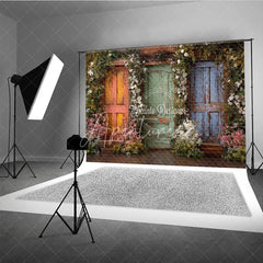 Aperturee - Aperturee Rustic Wooden Doors with Vibrant Floral Garlands Photography Backdrop Enchanted Garden Theme for Spring and Summer