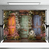 Aperturee - Aperturee Rustic Wooden Doors with Vibrant Floral Garlands Photography Backdrop Enchanted Garden Theme for Spring and Summer