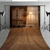 Aperturee - Aperturee Rustic Wooden Floor and Wall Sweep Backdrop Vintage Cabinet with Lace Curtain and Warm Lamp