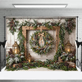 Aperturee - Aperturee Rustic Wooden Frame Holiday Backdrop with Festive Wreath Frosted Pinecones Warm Lanterns for Winter Celebration