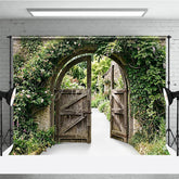 Aperturee - Aperturee Rustic Wooden Gate and Stone Wall Photography Backdrop Enchanting Garden Archway with Green Vines and Flowers
