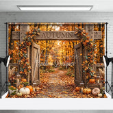 Aperturee - Aperturee Rustic Wooden Gate Autumn Photography Backdrop with Fall Leaves Pumpkins and Lanterns Harvest Decor.
