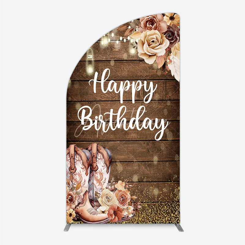 Aperturee - Aperturee Rustic Wooden Happy Birthday half moon arch backdrop with Cowboy Boots String Lights and Floral Decor