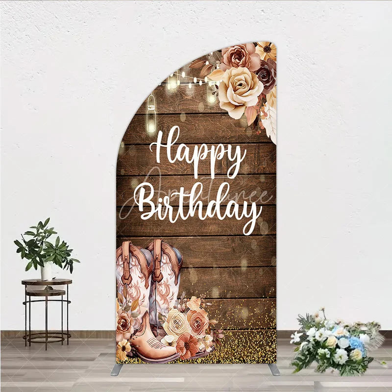 Aperturee - Aperturee Rustic Wooden Happy Birthday half moon arch backdrop with Cowboy Boots String Lights and Floral Decor