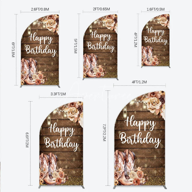 Aperturee - Aperturee Rustic Wooden Happy Birthday half moon arch backdrop with Cowboy Boots String Lights and Floral Decor
