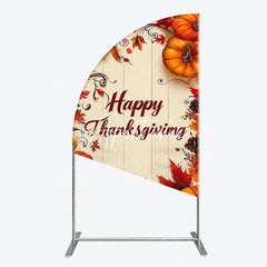 Aperturee - Aperturee Rustic Wooden Happy Thanksgiving Half Moon Arch Backdrop Autumn Pumpkins and Fall Leaves Decor
