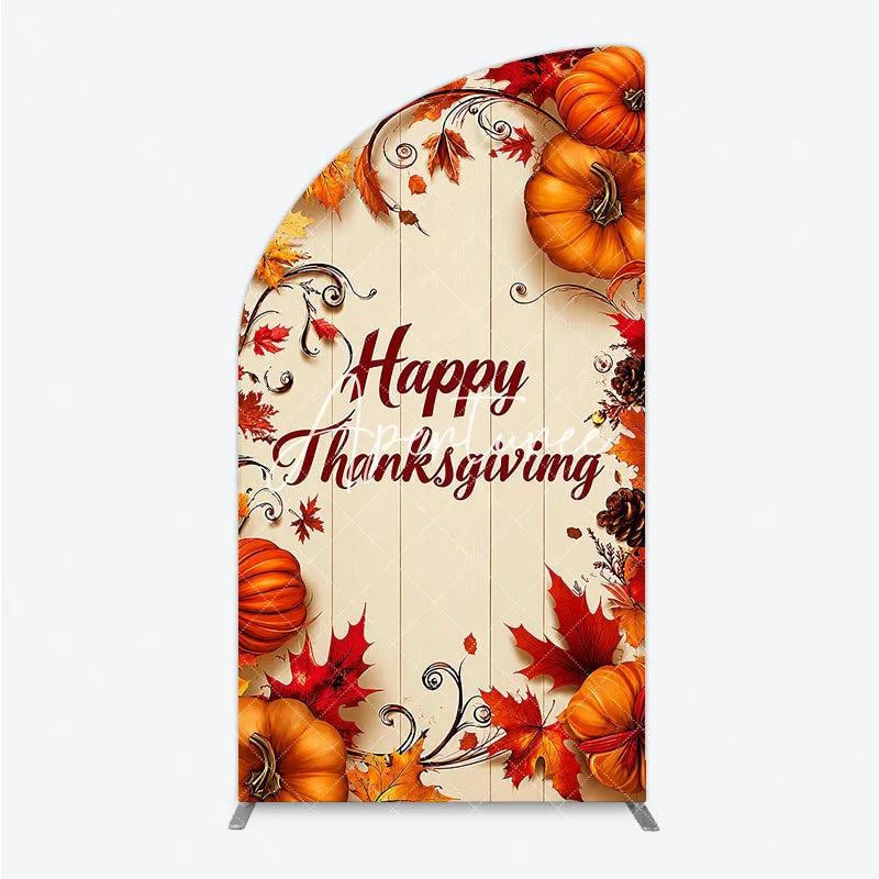 Aperturee - Aperturee Rustic Wooden Happy Thanksgiving Half Moon Arch Backdrop Autumn Pumpkins and Fall Leaves Decor