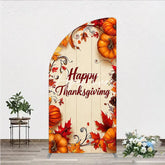 Aperturee - Aperturee Rustic Wooden Happy Thanksgiving Half Moon Arch Backdrop Autumn Pumpkins and Fall Leaves Decor