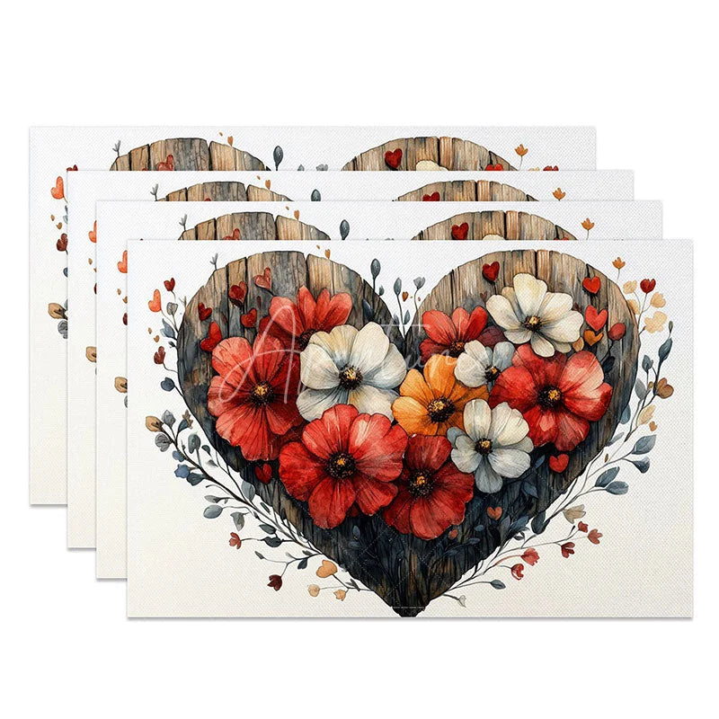 Aperturee - Aperturee Rustic Wooden Heart Floral Set of 4 Placemats Red White Flower Valentine Decoration Farmhouse Love Table Mat