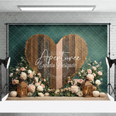 Aperturee - Aperturee Rustic Wooden Heart Photography Backdrop with String Lights Pink Flowers and Autumn Pumpkins Dark Teal Background