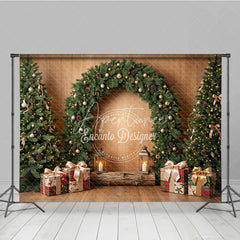 Aperturee - Aperturee Rustic Wooden Holiday Backdrop with Decorated Christmas Trees Festive Garland Arch and Golden Ornaments
