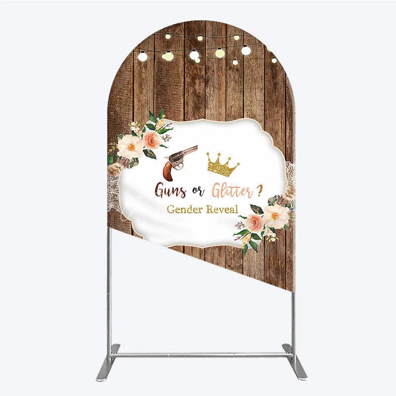 Aperturee - Aperturee Rustic Wooden Plank Cowboy and Glitter Crown Gender Reveal Arch Backdrop Kit String Lights Decor