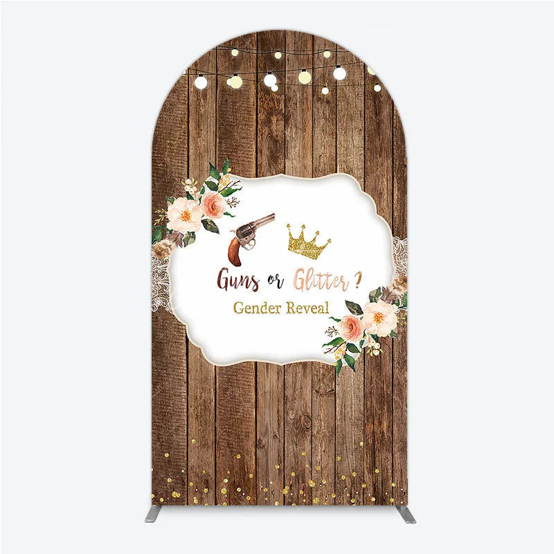 Aperturee - Aperturee Rustic Wooden Plank Cowboy and Glitter Crown Gender Reveal Arch Backdrop Kit String Lights Decor