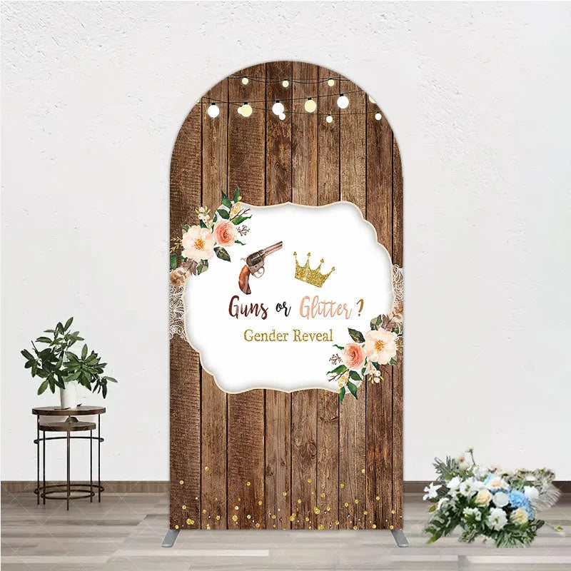 Aperturee - Aperturee Rustic Wooden Plank Cowboy and Glitter Crown Gender Reveal Arch Backdrop Kit String Lights Decor