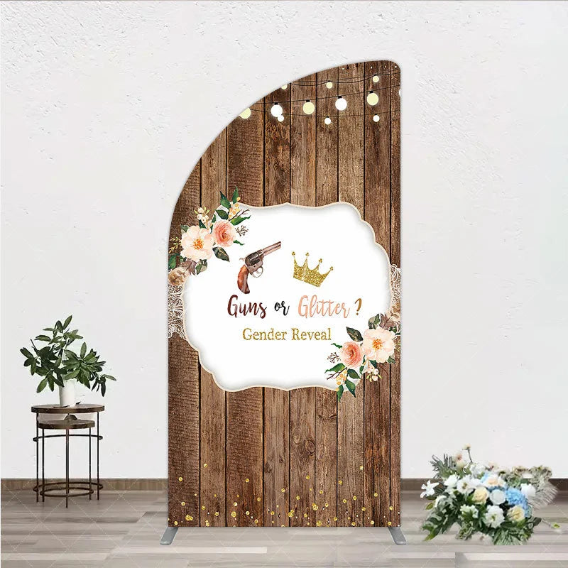 Aperturee - Aperturee Rustic Wooden Plank Cowboy and Glitter Crown Gender Reveal Half Moon Arch Backdrop Kit String Lights Decor