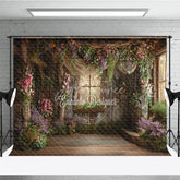 Aperturee - Aperturee Rustic Wooden Room Floral Photography Backdrop Enchanted Garden Window Twinkling Fairy Lights for Studio Portraits